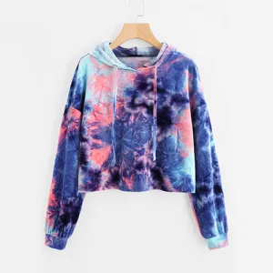 ROMWE Tie Dye Velvet Crop Hoodies 2017 Multicolor Long Sleeve Women Boho Hooded Sweatshirt Spring Fall New Funny Casual Hoodies