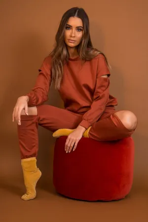 Rust Ripped Knee Cut Out Loungewear Set - Demmi