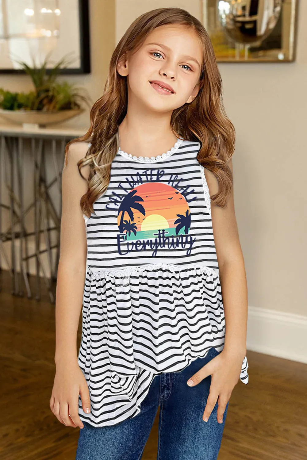 Salt Water Heals Everything Print Striped Tank Top for Kids