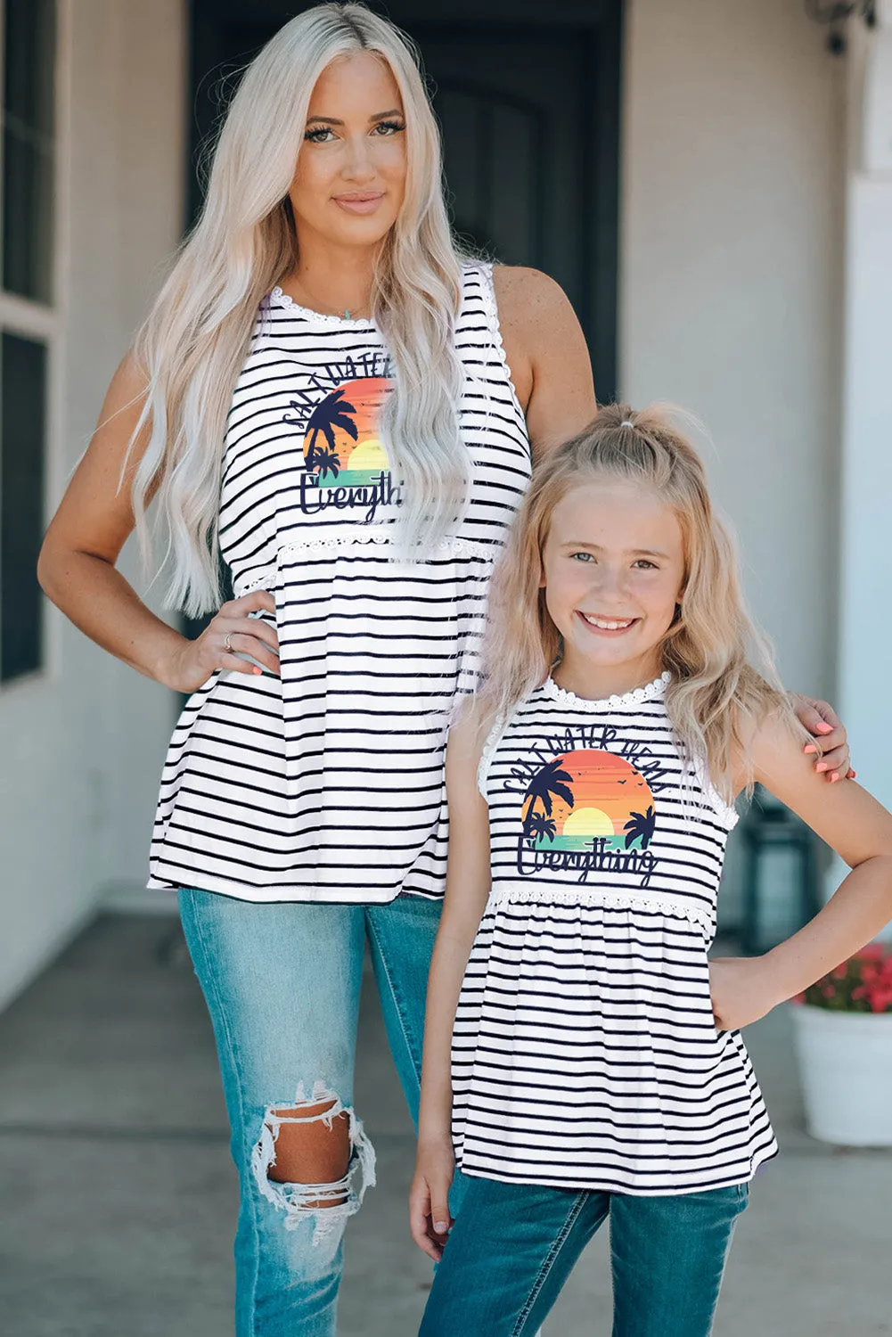 Salt Water Heals Everything Print Striped Tank Top