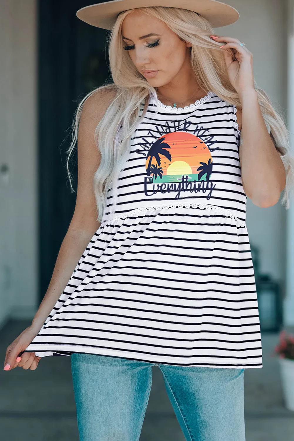 Salt Water Heals Everything Print Striped Tank Top