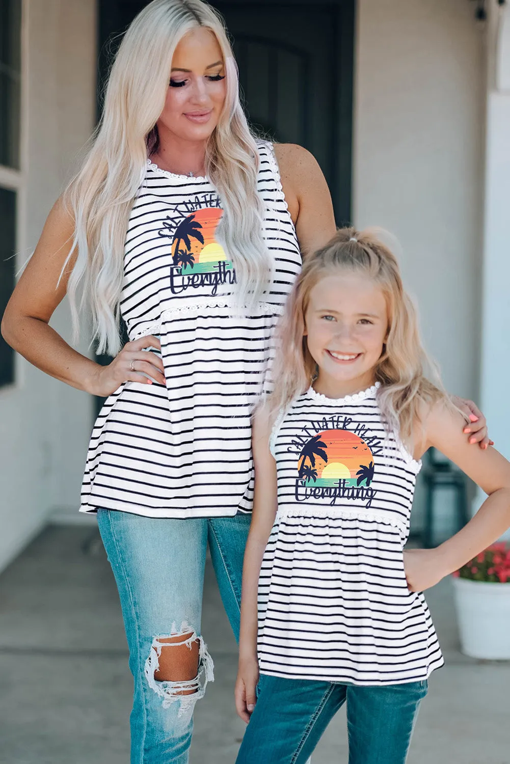 Salt Water Heals Everything Print Striped Tank Top