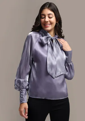 Satin Cuffed Sleeve Neck Tie-up Top