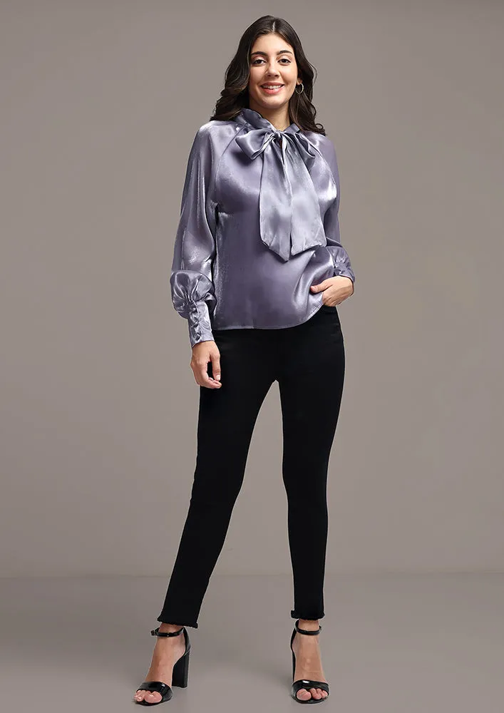 Satin Cuffed Sleeve Neck Tie-up Top