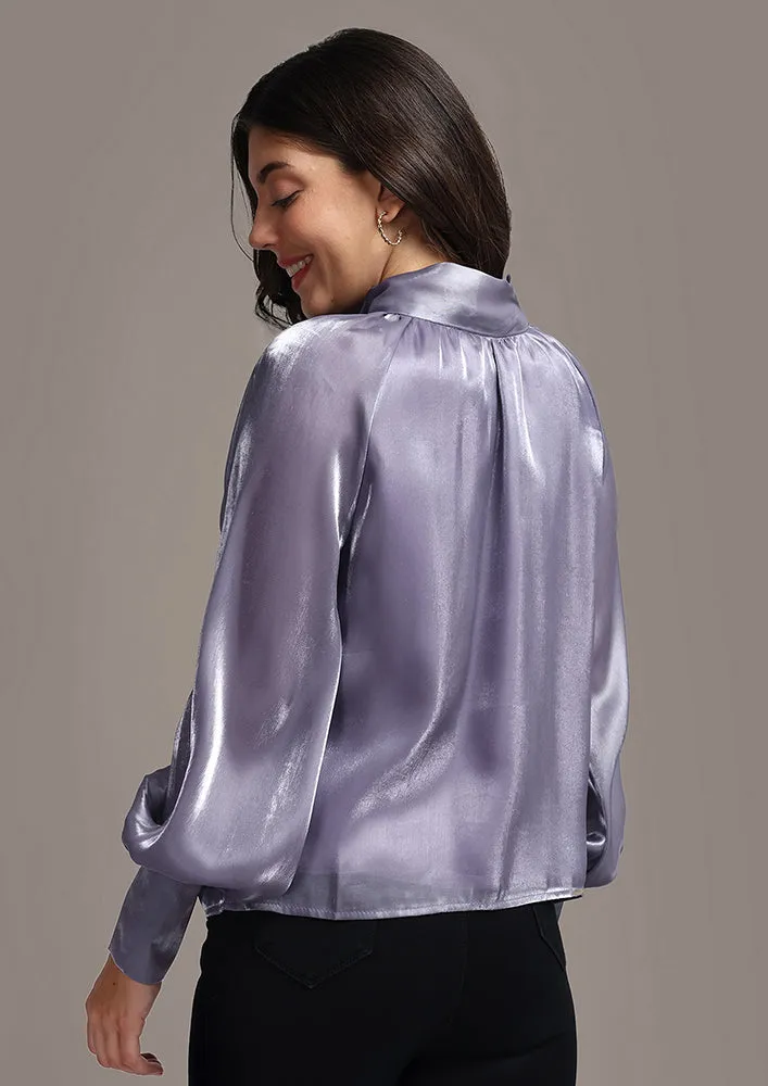 Satin Cuffed Sleeve Neck Tie-up Top