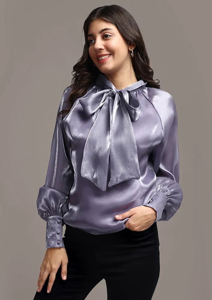 Satin Cuffed Sleeve Neck Tie-up Top