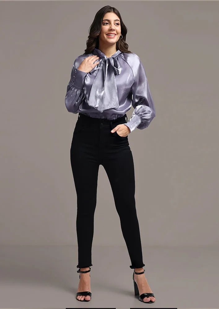 Satin Cuffed Sleeve Neck Tie-up Top