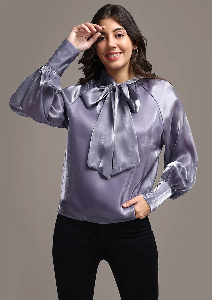 Satin Cuffed Sleeve Neck Tie-up Top