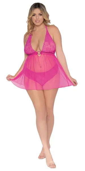 Scalloped Stretch Lace and Stretch Mesh Babydoll Curvy Size