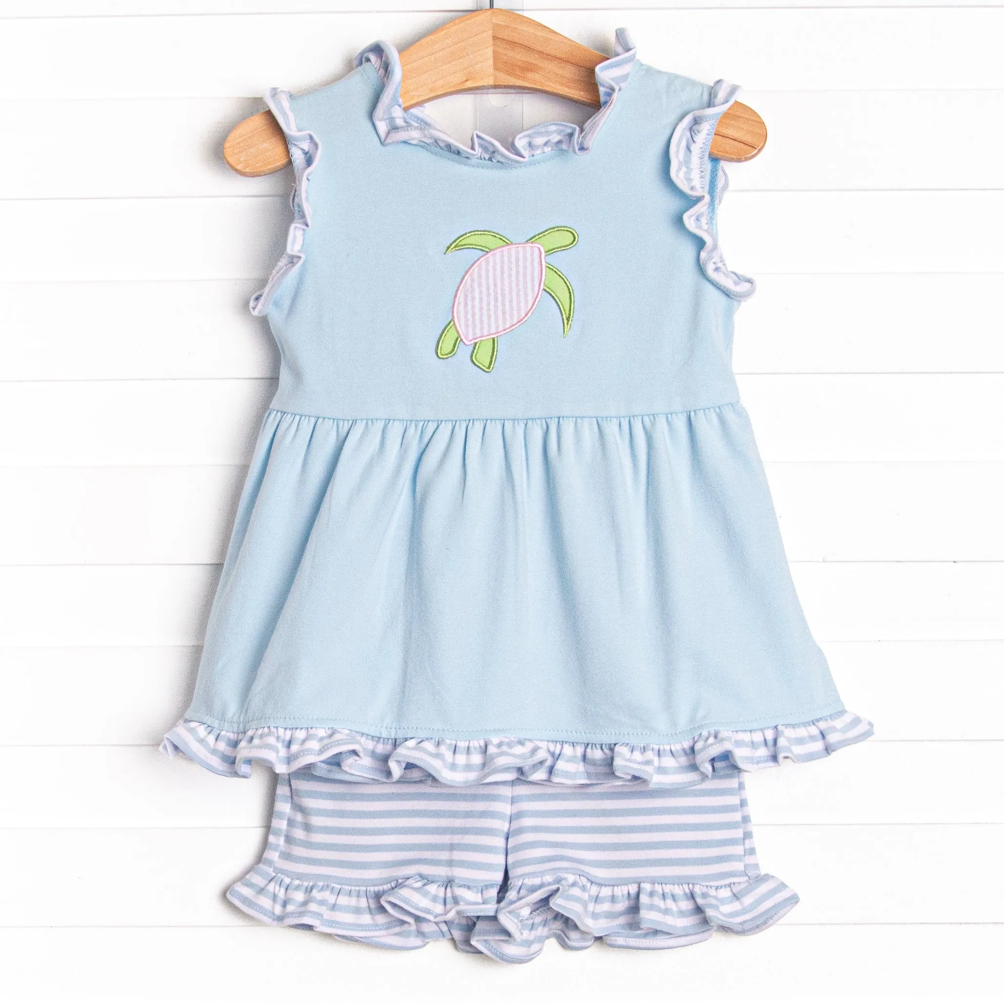 Sea Surfer Applique Ruffle Short Set, Blue