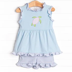Sea Surfer Applique Ruffle Short Set, Blue