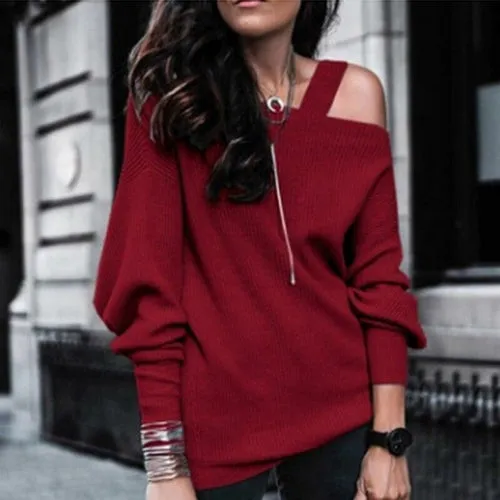 Sexy Off Shoulder Straps Knitted Sweatshirt