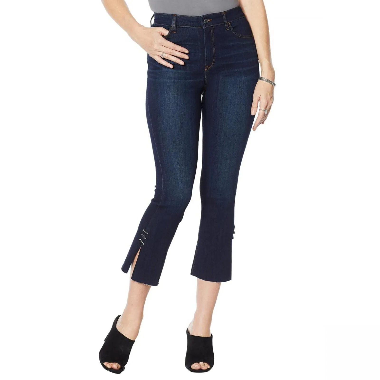 Skinnygirl Womens Plus Size High Rise Cropped Embellished Flare Jeans