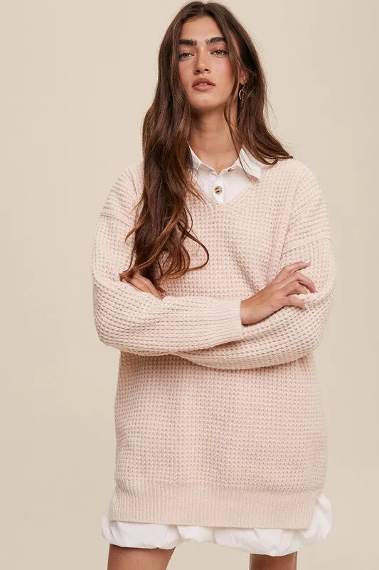 Slouchy V-Neck Ribbed Knit Sweater – Tunic-Length Drop Shoulder Pullover