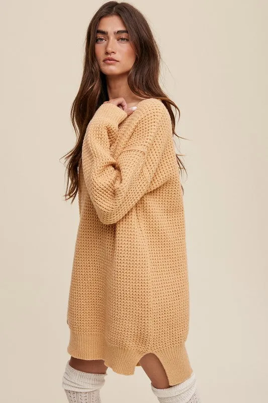 Slouchy V-Neck Ribbed Knit Sweater – Tunic-Length Drop Shoulder Pullover