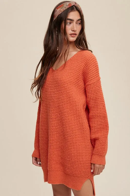 Slouchy V-Neck Ribbed Knit Sweater – Tunic-Length Drop Shoulder Pullover