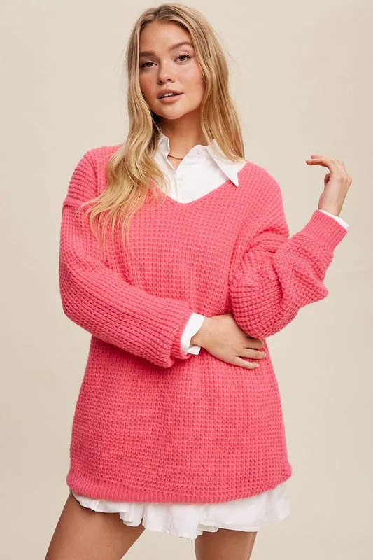 Slouchy V-Neck Ribbed Knit Sweater – Tunic-Length Drop Shoulder Pullover