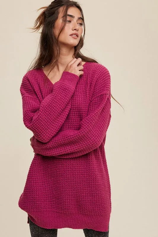 Slouchy V-Neck Ribbed Knit Sweater – Tunic-Length Drop Shoulder Pullover