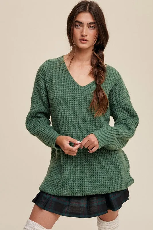Slouchy V-Neck Ribbed Knit Sweater – Tunic-Length Drop Shoulder Pullover