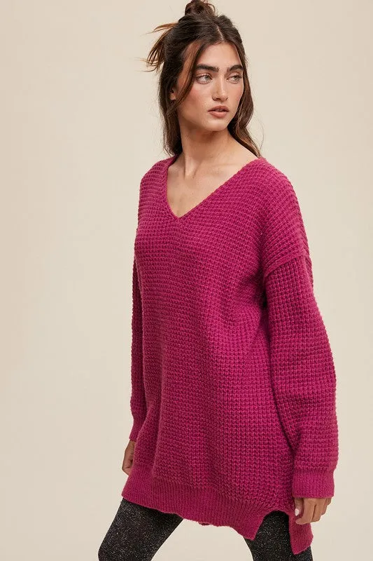 Slouchy V-Neck Ribbed Knit Sweater – Tunic-Length Drop Shoulder Pullover