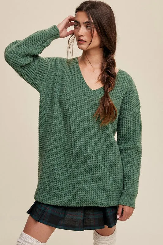 Slouchy V-Neck Ribbed Knit Sweater – Tunic-Length Drop Shoulder Pullover