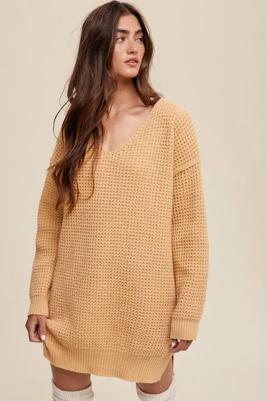 Slouchy V-Neck Ribbed Knit Sweater – Tunic-Length Drop Shoulder Pullover