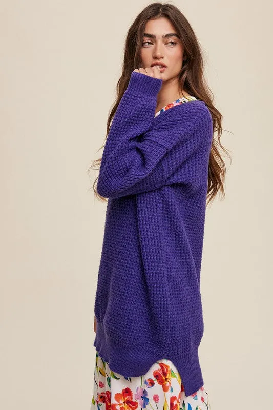 Slouchy V-Neck Ribbed Knit Sweater – Tunic-Length Drop Shoulder Pullover