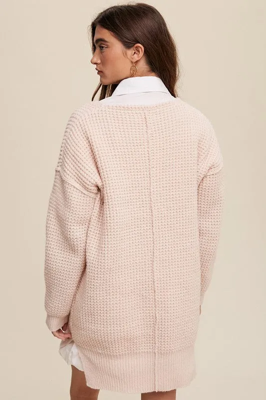 Slouchy V-Neck Ribbed Knit Sweater – Tunic-Length Drop Shoulder Pullover