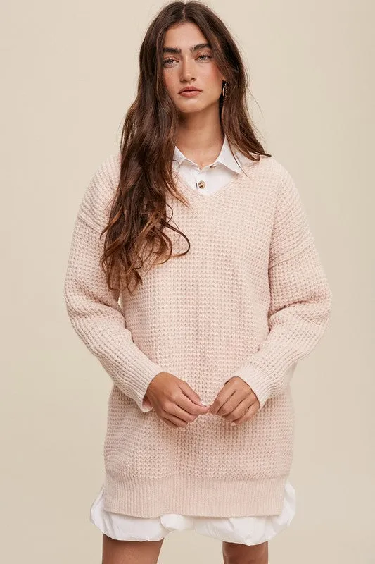 Slouchy V-Neck Ribbed Knit Sweater – Tunic-Length Drop Shoulder Pullover