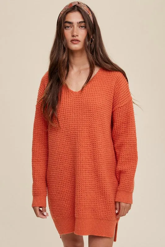 Slouchy V-Neck Ribbed Knit Sweater – Tunic-Length Drop Shoulder Pullover