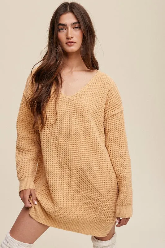 Slouchy V-Neck Ribbed Knit Sweater – Tunic-Length Drop Shoulder Pullover