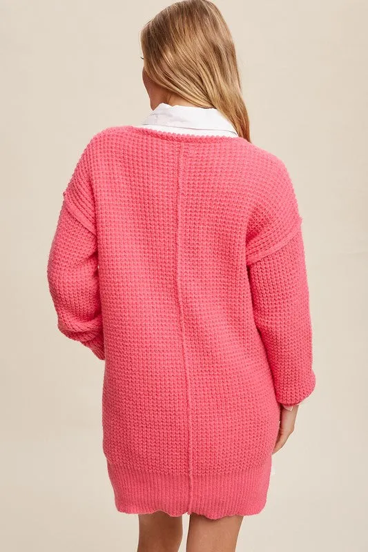 Slouchy V-Neck Ribbed Knit Sweater – Tunic-Length Drop Shoulder Pullover