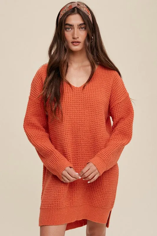 Slouchy V-Neck Ribbed Knit Sweater – Tunic-Length Drop Shoulder Pullover