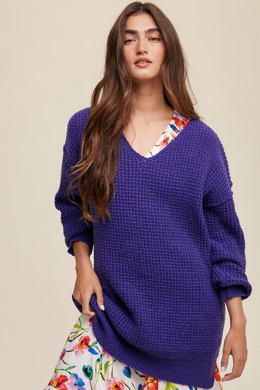 Slouchy V-Neck Ribbed Knit Sweater – Tunic-Length Drop Shoulder Pullover