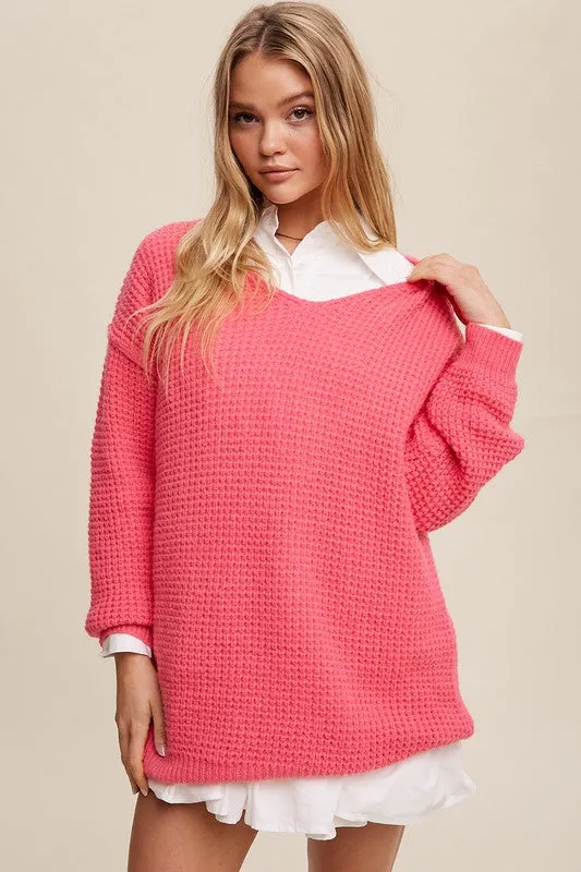 Slouchy V-Neck Ribbed Knit Sweater – Tunic-Length Drop Shoulder Pullover