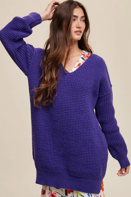 Slouchy V-Neck Ribbed Knit Sweater – Tunic-Length Drop Shoulder Pullover