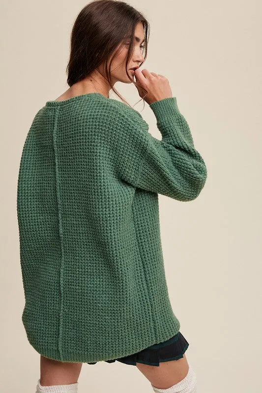 Slouchy V-Neck Ribbed Knit Sweater – Tunic-Length Drop Shoulder Pullover