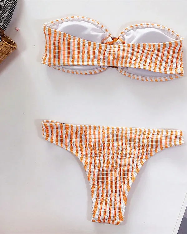 Smocked Stripe Print Bandeau Bikini Sets