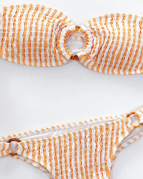 Smocked Stripe Print Bandeau Bikini Sets