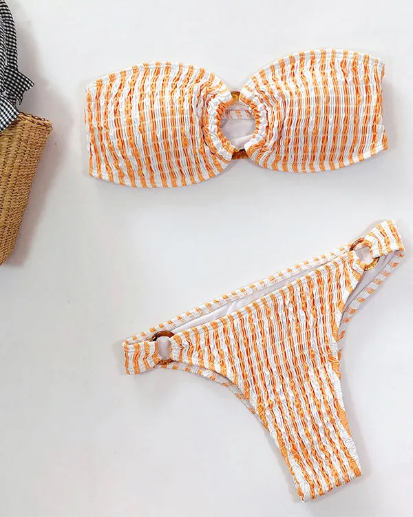 Smocked Stripe Print Bandeau Bikini Sets