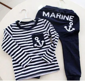 Spring Kids Clothes, Navy Long Sleeve Pullover Striped Sports Suit, Casual Boys Clothing Set