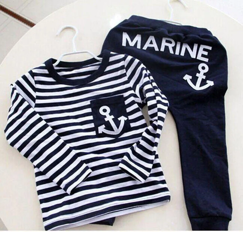 Spring Kids Clothes, Navy Long Sleeve Pullover Striped Sports Suit, Casual Boys Clothing Set