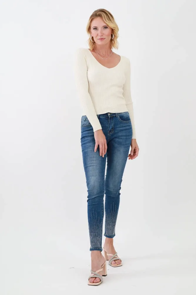 Stone-Embellished Skinny Jeans - Blue