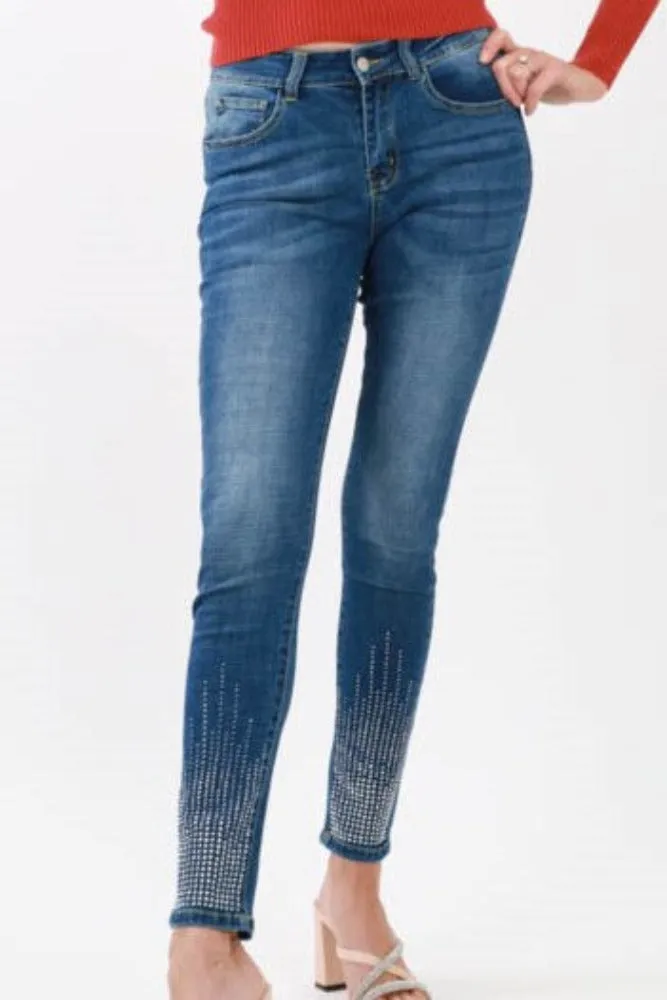 Stone-Embellished Skinny Jeans - Blue