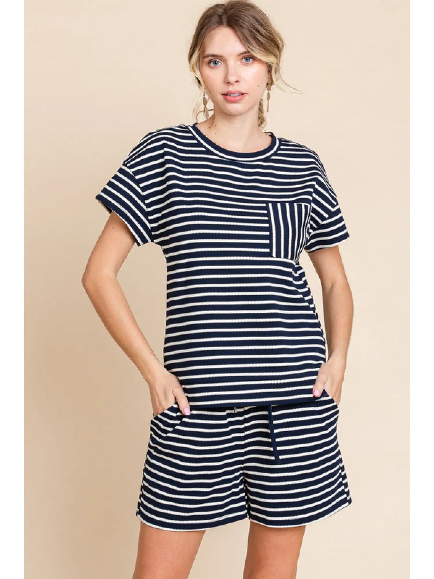 Striped loungewear sets-Short Sleeve top