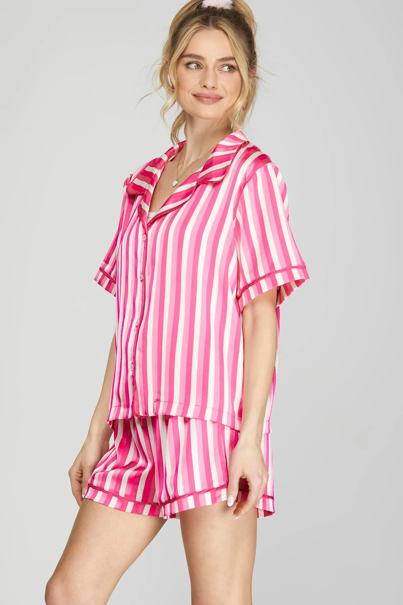 Striped Print Short Sleeve Pajama Set