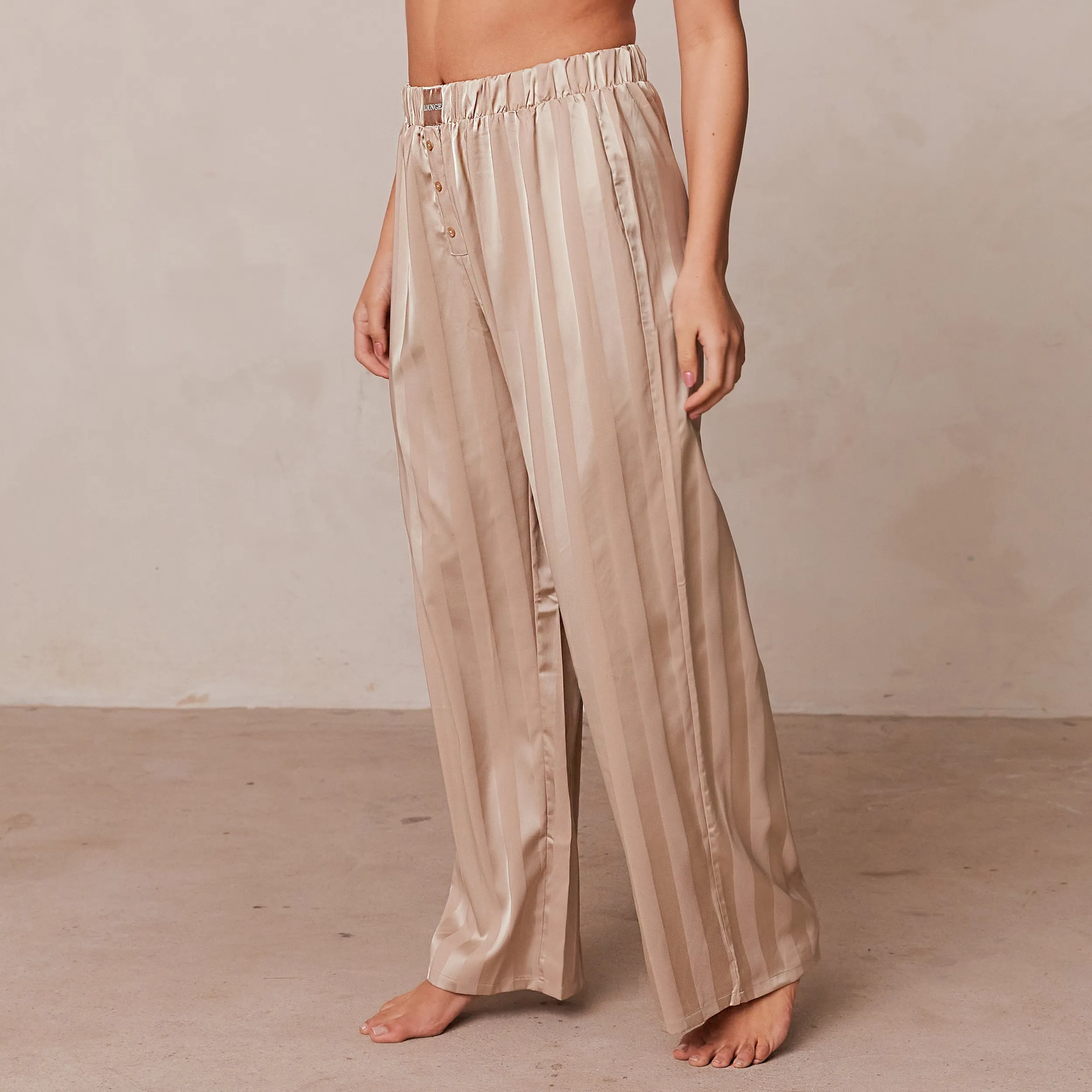 Striped Satin Pantalon de Pyjama - Beige