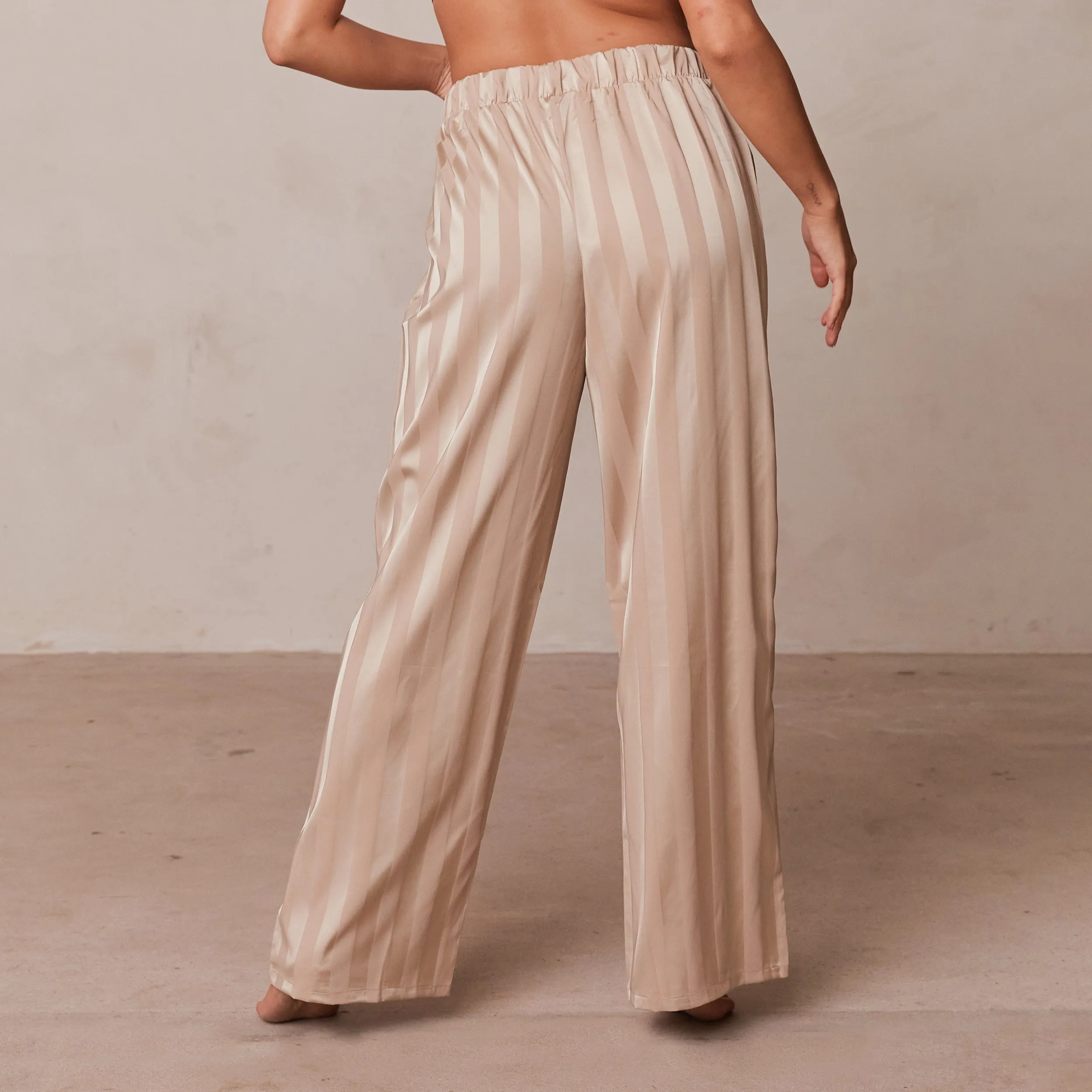 Striped Satin Pantalon de Pyjama - Beige