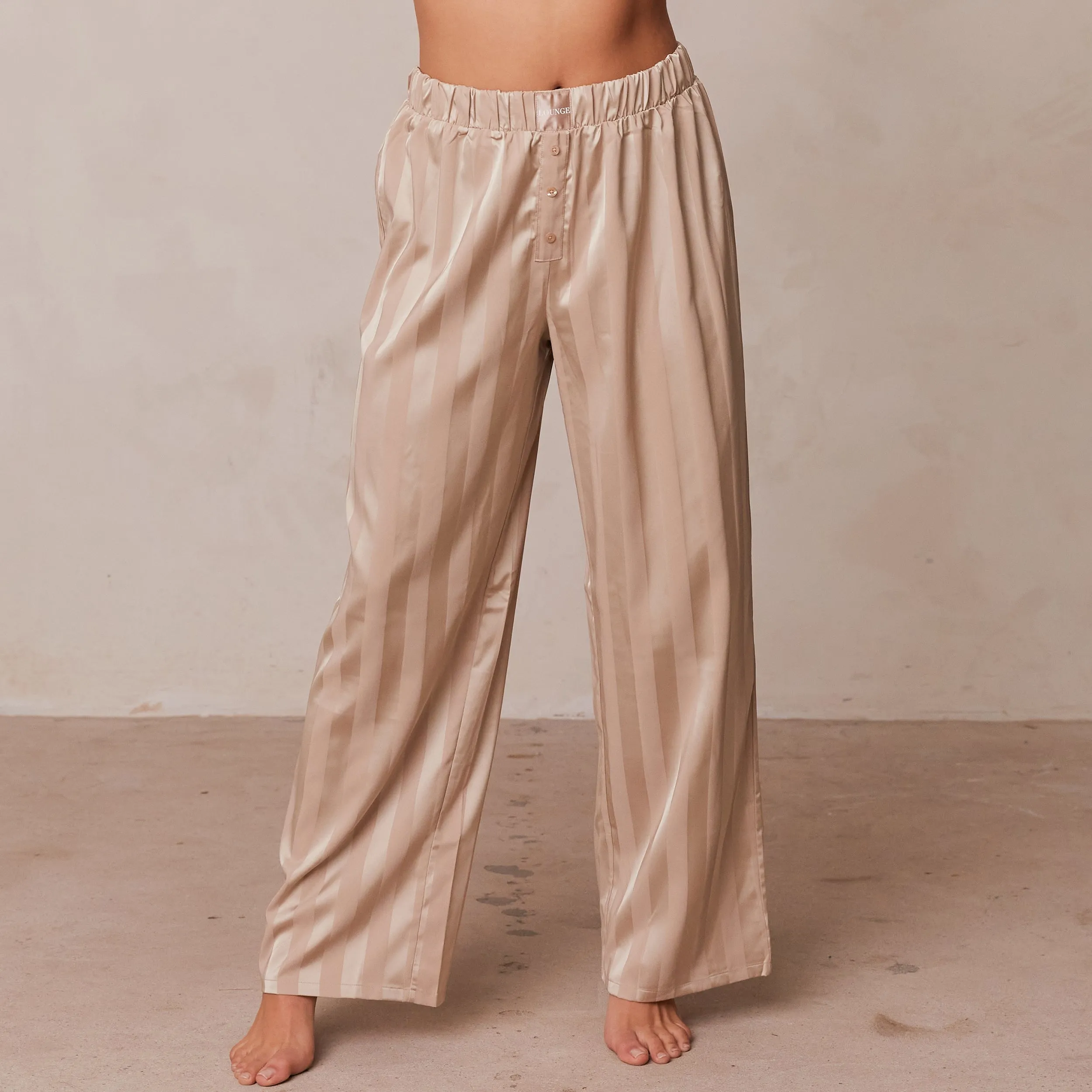 Striped Satin Pantalon de Pyjama - Beige