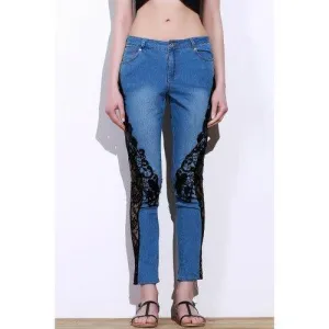 Stylish Mid-Waisted Lace Embellished See-Through Women's Jeans - Blue And Black M
